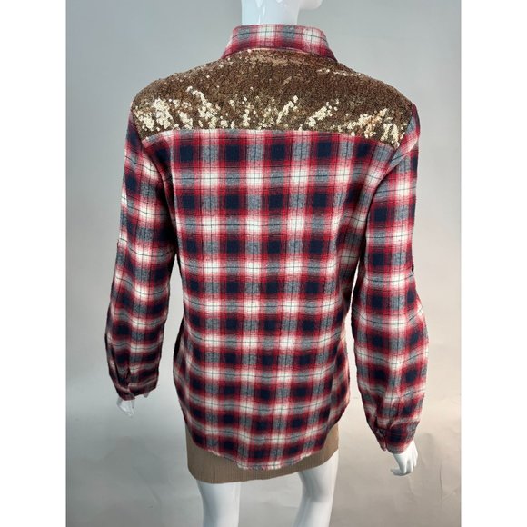 E2 Plaid and Sequin Western Styled Shirt M Red Blue Cotton Vintage - Picture 15 of 16